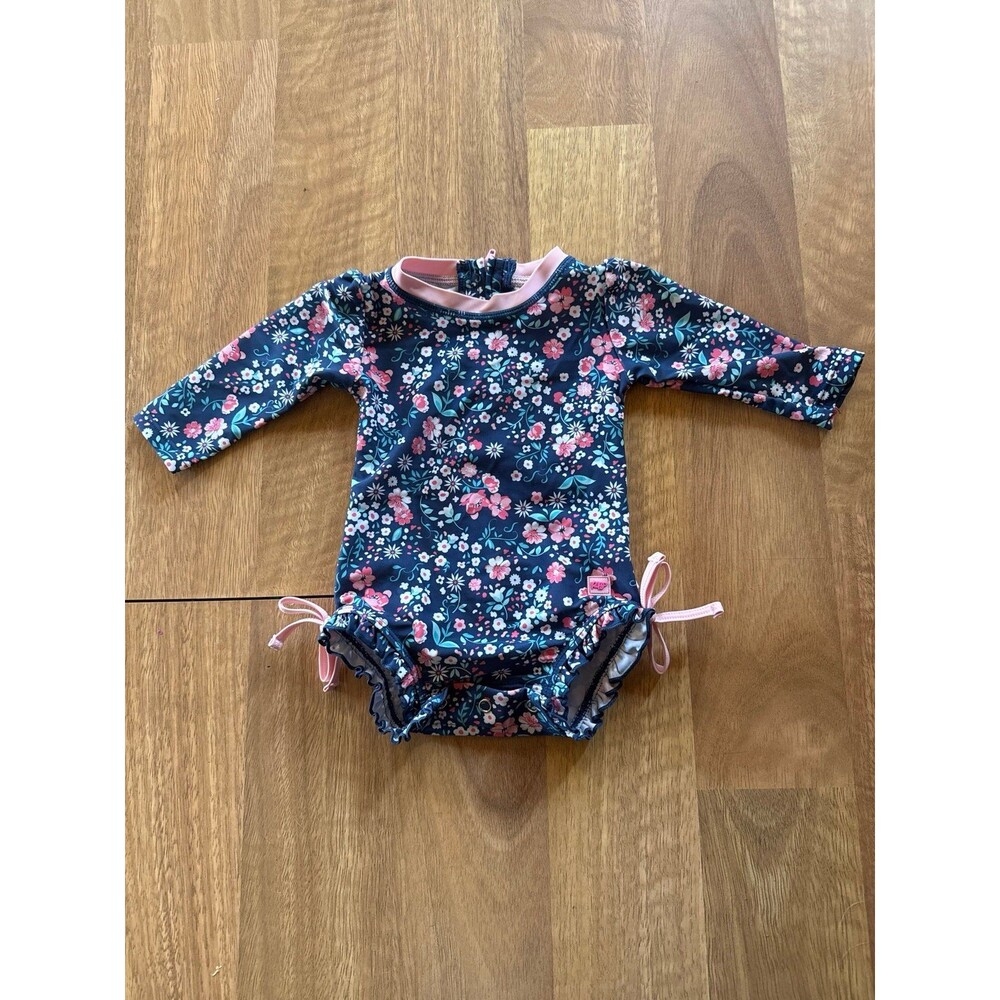 Ruffle Butts blue floral infant swimsuit snap bottom